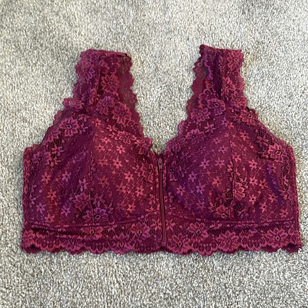Burgundy bra.